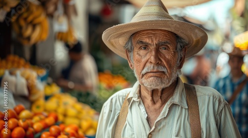 Middle-Aged Man in Traditional Huaso Outfit at Santiago Street Market

 photo