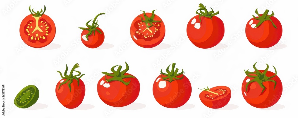 A collection of flat vector icons of tomatoes in various styles, perfect for food-related designs and apps. A collection of flat vector icons of tomatoes in various styles, perfect for food-related designs and apps.