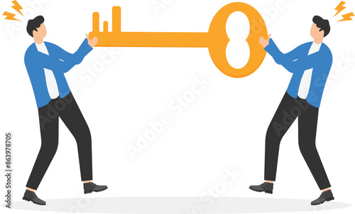 Businessmen pulling giant key. Team disagreements or business conflict. Quarrel and problems. Differences in ways and method of achieving heights or goals, contradictions in making key decisions.
