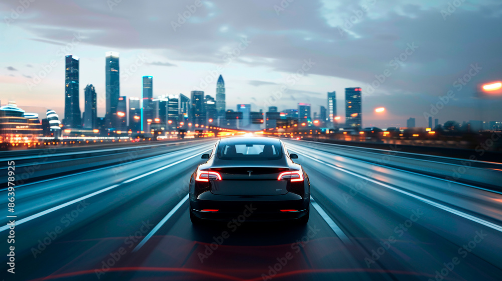 Rear view of a car driving fast on a highway with city skyline in the background. Concept of speed and urban living Rear view of a car driving fast on a highway with city skyline in the background. Concept of speed and urban living