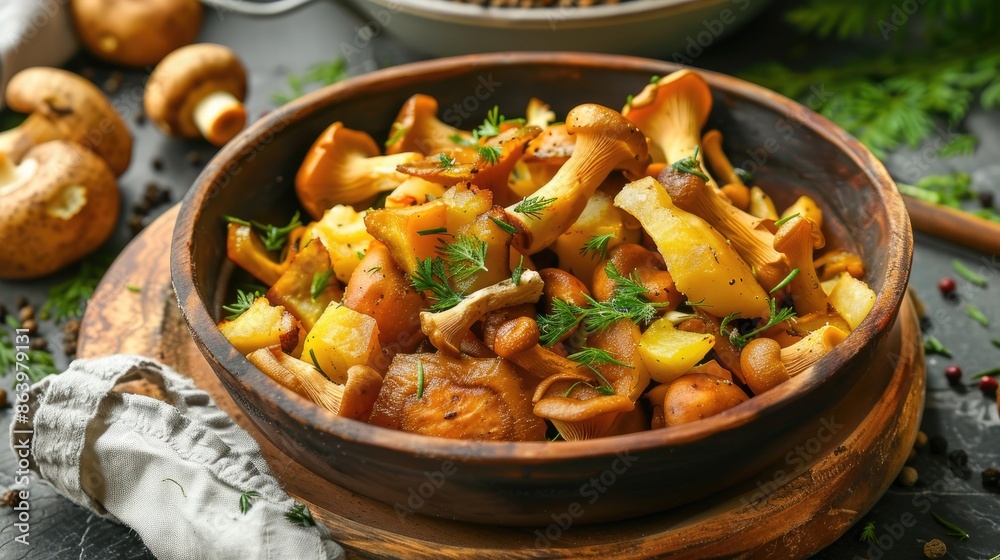 Tasty woodland chanterelles served with fresh potatoes Tasty woodland chanterelles served with fresh potatoes