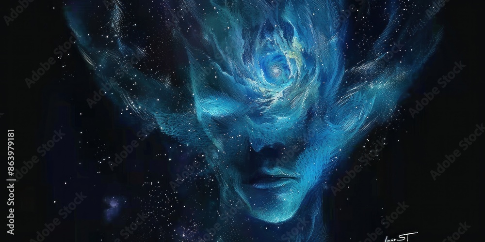 Abstract Cosmic Face in Blue Galactic Art