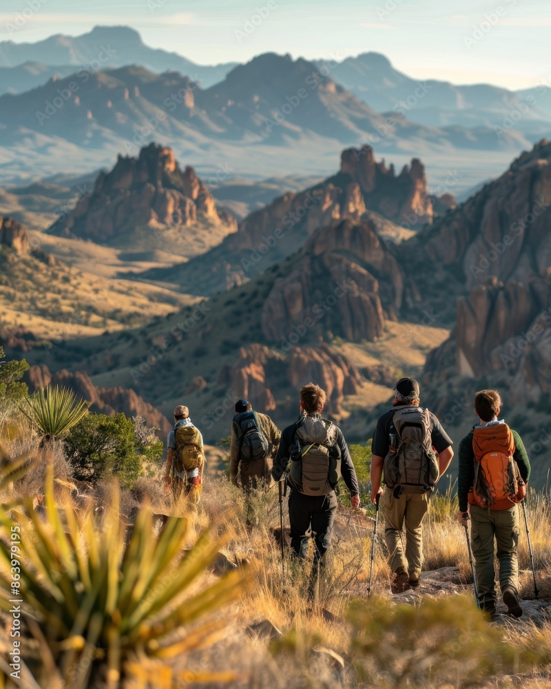 Group of Friends Exploring Big Bend National Park with Chisos Mountains