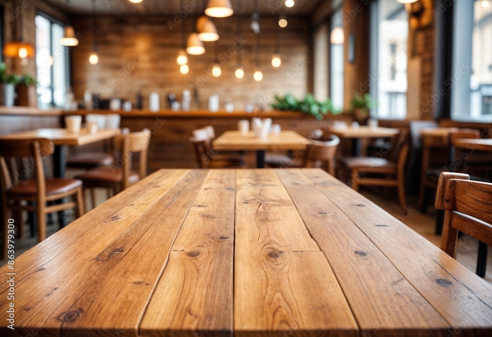 Wooden table in a blurred cafe interior Wooden table in a blurred cafe interior