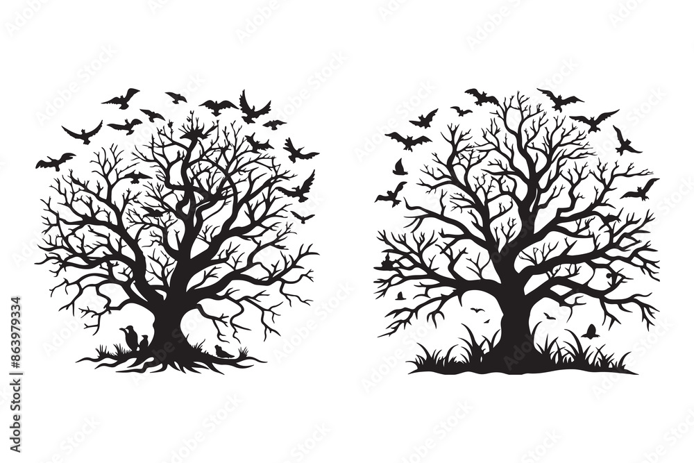 Obraz premium black bare scary tree silhouette and flock of flying bird create with AI technology 