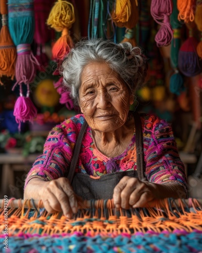 Elderly Woman Weaving Traditional Zapotec Rug in Teotitlán del Valle

 photo