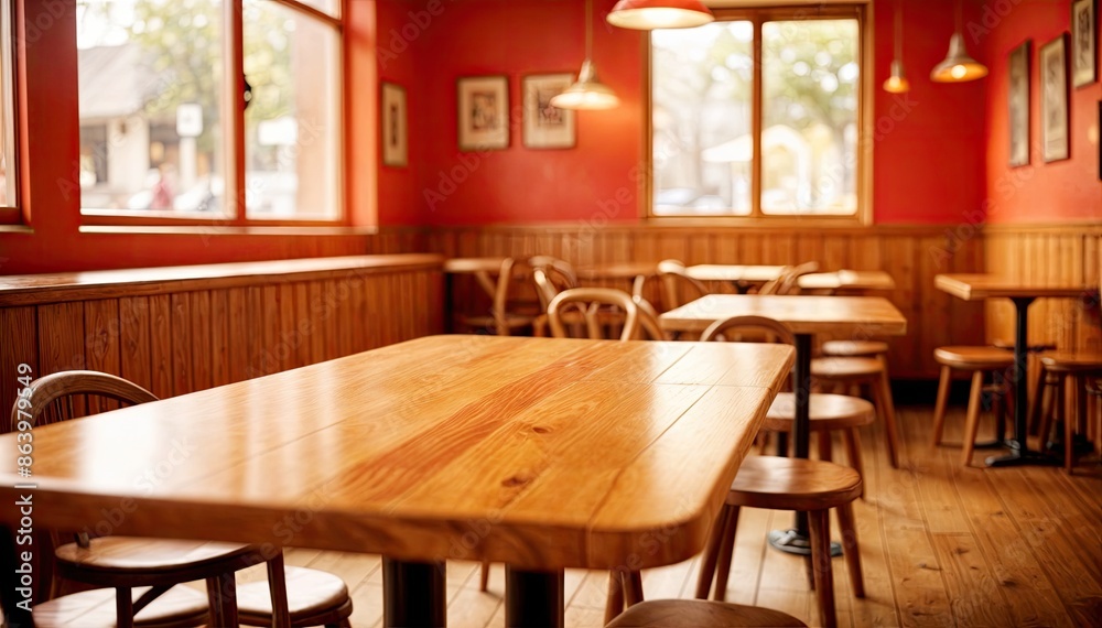 Wooden table in a blurred cafe interior Wooden table in a blurred cafe interior