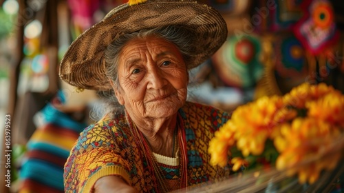 Elderly Woman Weaving Traditional Zapotec Rug in Teotitlán del Valle

 photo