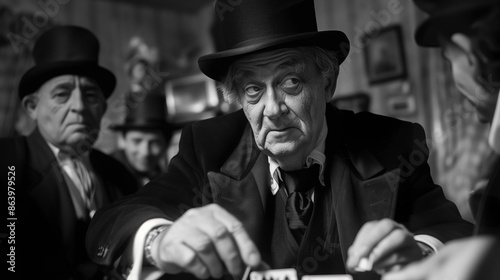 A man in a hat is sitting at a table with other men. He is looking at something on the table