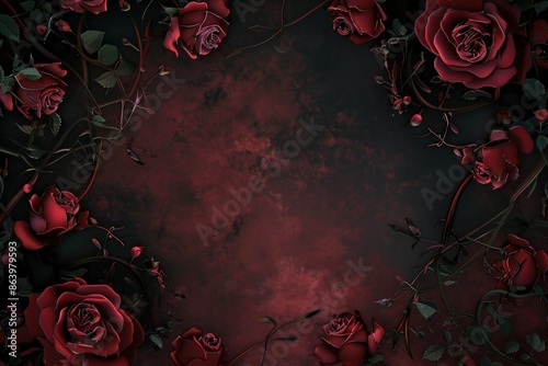 Fototapeta Naklejka Na Ścianę i Meble -  Dark floral background with red roses and decorative vines