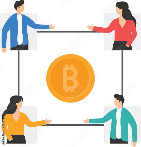 Making profit from blockchain technology. Group of traders or investors buy and sell cryptocurrency. Bitcoin mining. Profitable financial instrument, virtual finance. Flat vector illustration

