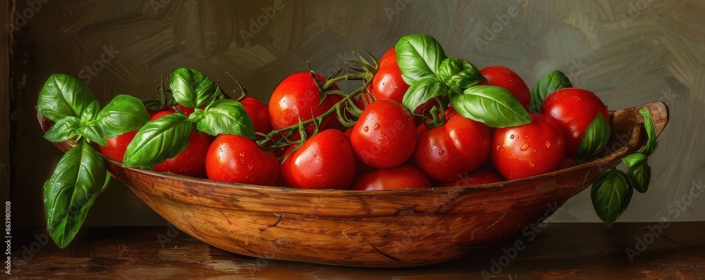 Rustic wooden bowl filled with fresh, ripe tomatoes and basil leaves, showcasing farm-fresh produce. Rustic wooden bowl filled with fresh, ripe tomatoes and basil leaves, showcasing farm-fresh produce.