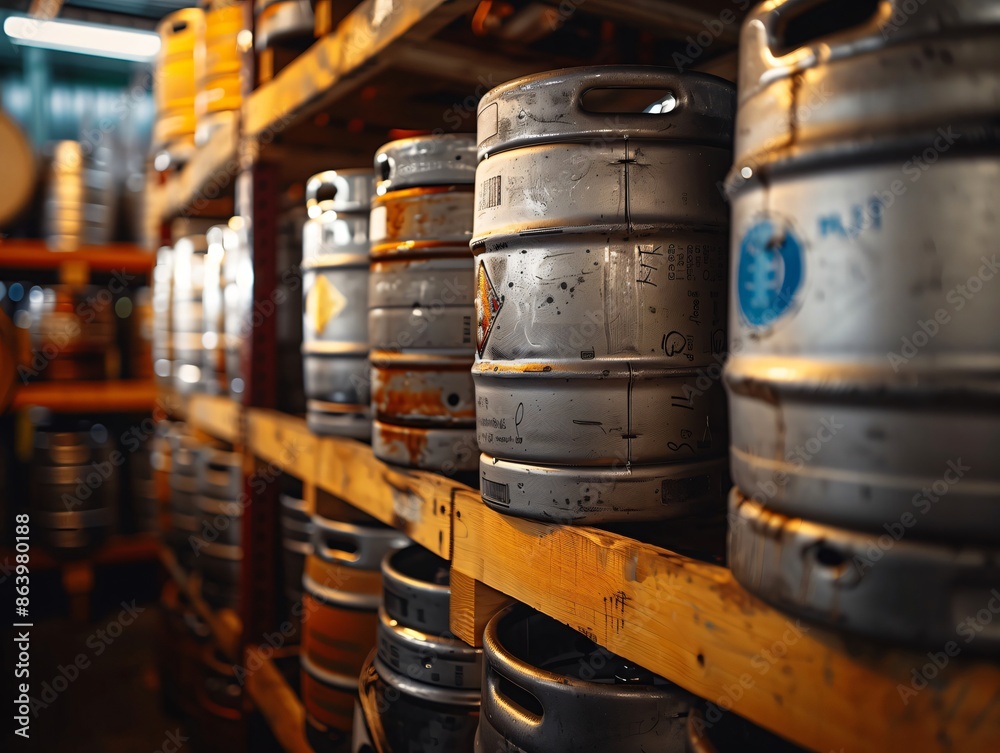 Rows of metal beer kegs stacked on wooden pallets in brewery storage room Rows of metal beer kegs stacked on wooden pallets in brewery storage room