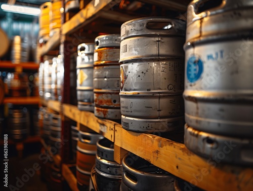 Rows of metal beer kegs stacked on wooden pallets in brewery storage room