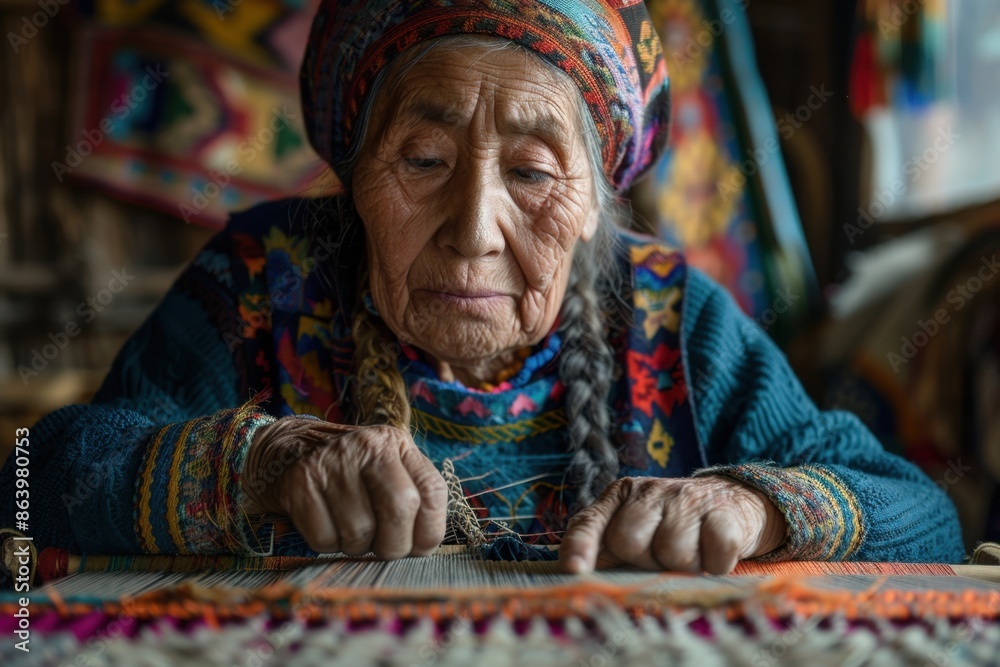 Elderly Mapuche Woman Weaving Blanket in Traditional Attire in Temuco

