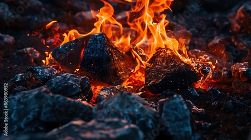 rocks in foreground, bright flames behind, against black backdrop