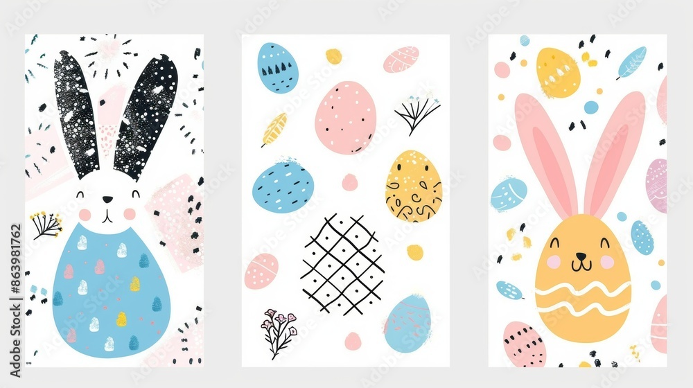 Greeting card design template for Easter Holiday with bunny and eggs.