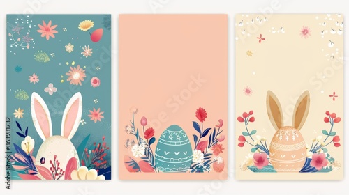 Greeting card design template for Easter Holiday with bunny and eggs.