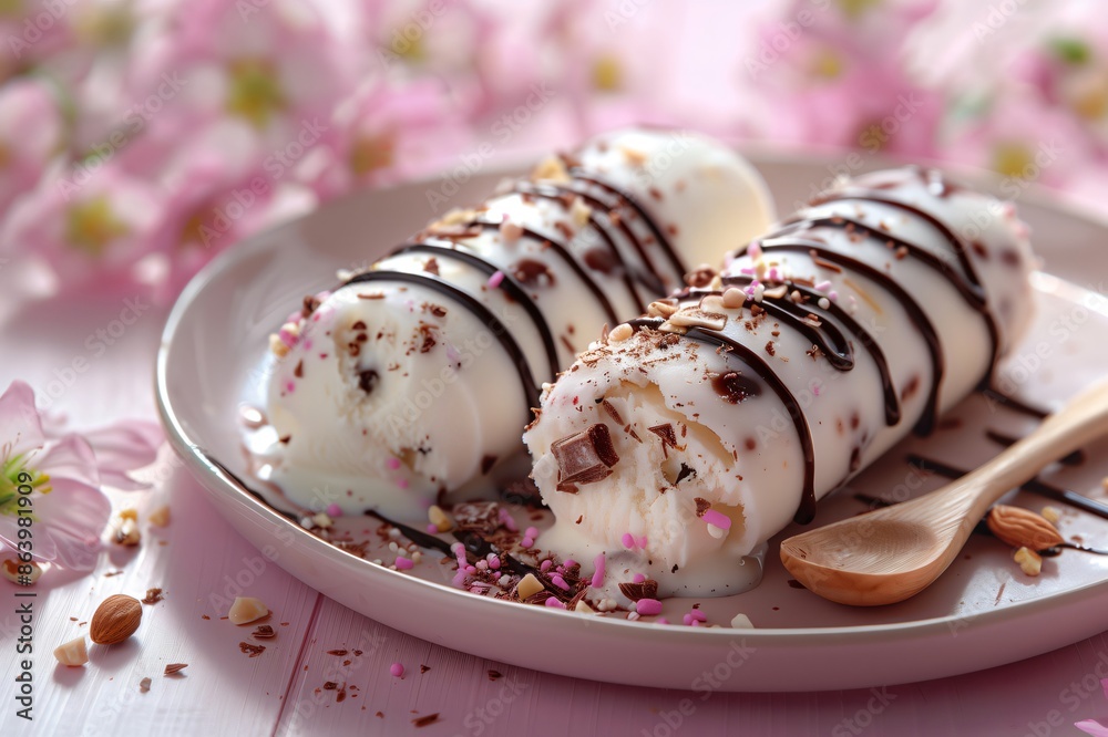 Ice cream rolls covered in chocolate sauce melting on pink plate Ice cream rolls covered in chocolate sauce melting on pink plate