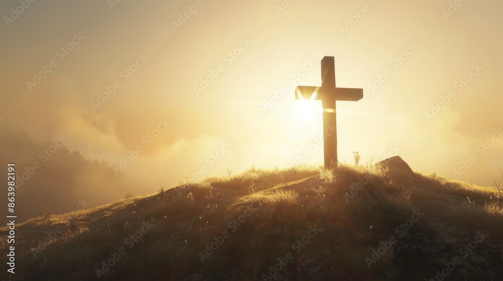 cross on top of mountain with fog and sunlight cross on top of mountain with fog and sunlight