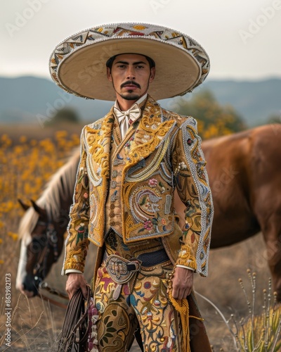 Obraz na płótnie Dignified Charro in Decorated Suit and Sombrero in Rural Field
w salonie