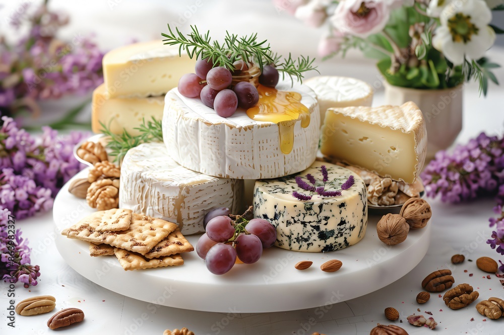 Delicious cheese plate with honey, grapes, and nuts being drizzled with honey Delicious cheese plate with honey, grapes, and nuts being drizzled with honey
