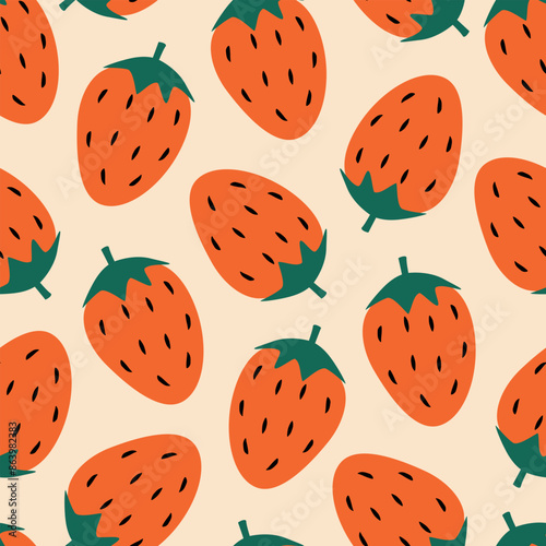 Cute red strawberry hand drawn vector illustration. Colorful berry fruit seamless pattern for kids fabric or wallpaper.