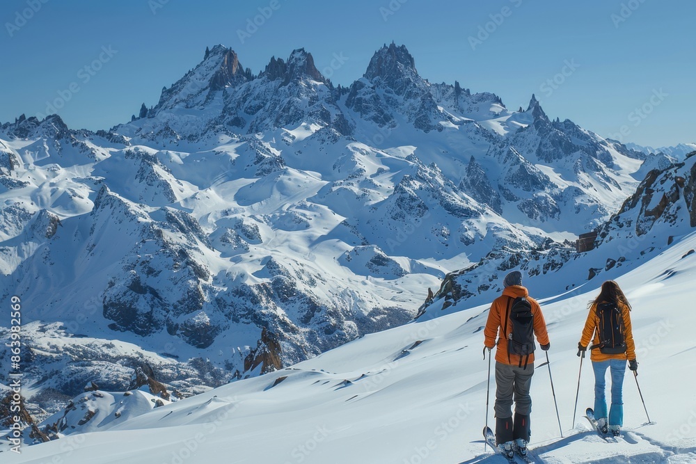 Young Couple Skiing in Snowy Andes in Bariloche