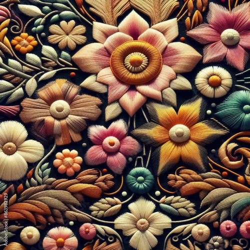 This image captures the essence of traditional embroidery, showcasing a vibrant and colorful display of floral designs. Spanish textile, floral pattern,  flowers, creativity, diversity © dream stock