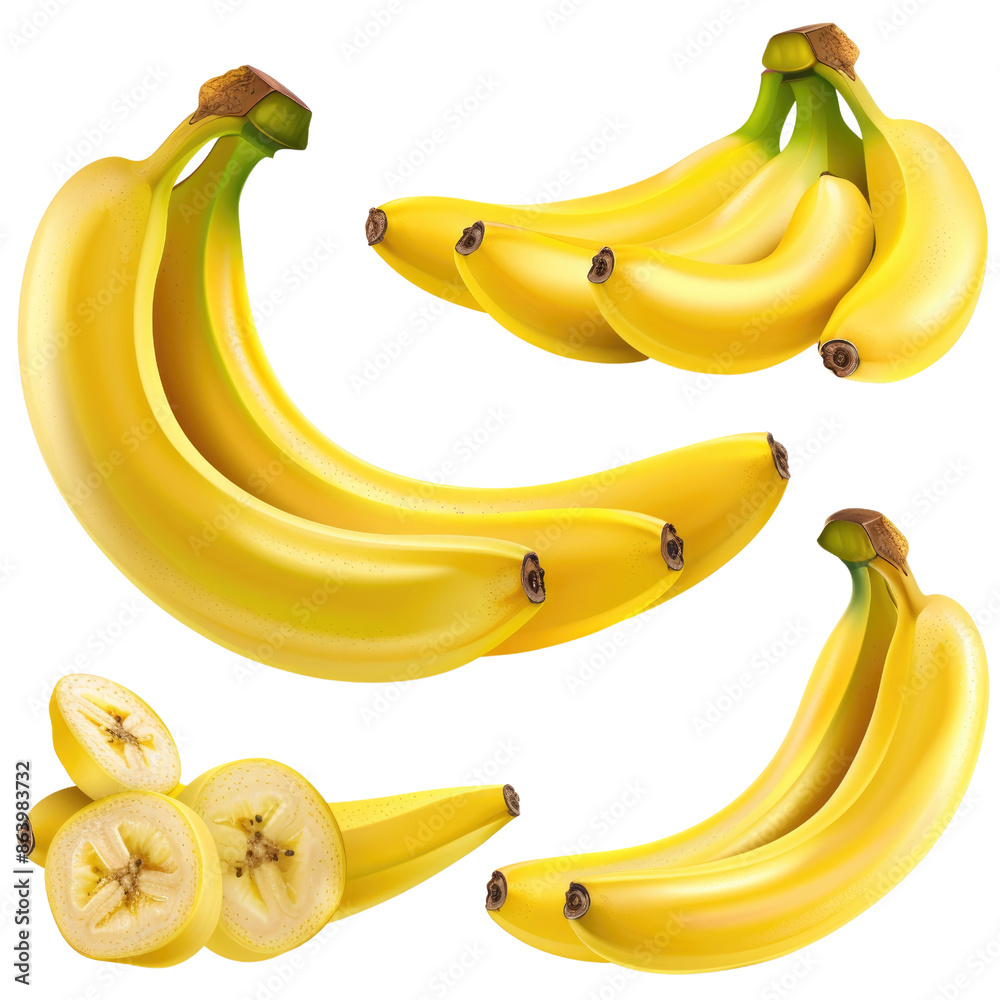 Fresh yellow bananas arranged in clusters and slices in isolated on transparent background, perfect for healthy snack and fruit-related projects Fresh yellow bananas arranged in clusters and slices in isolated on transparent background, perfect for healthy snack and fruit-related projects
