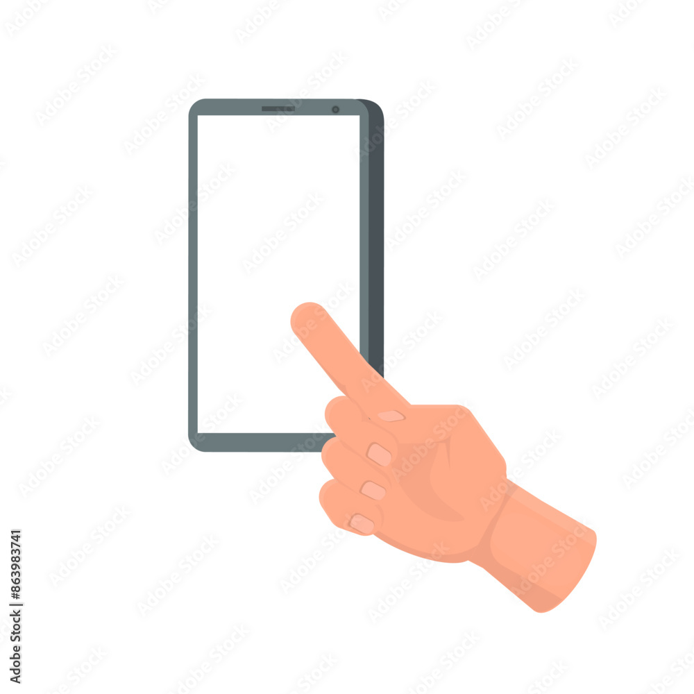 Hand points to the phone screen. Finger points at the smartphone, vector illustration Hand points to the phone screen. Finger points at the smartphone, vector illustration