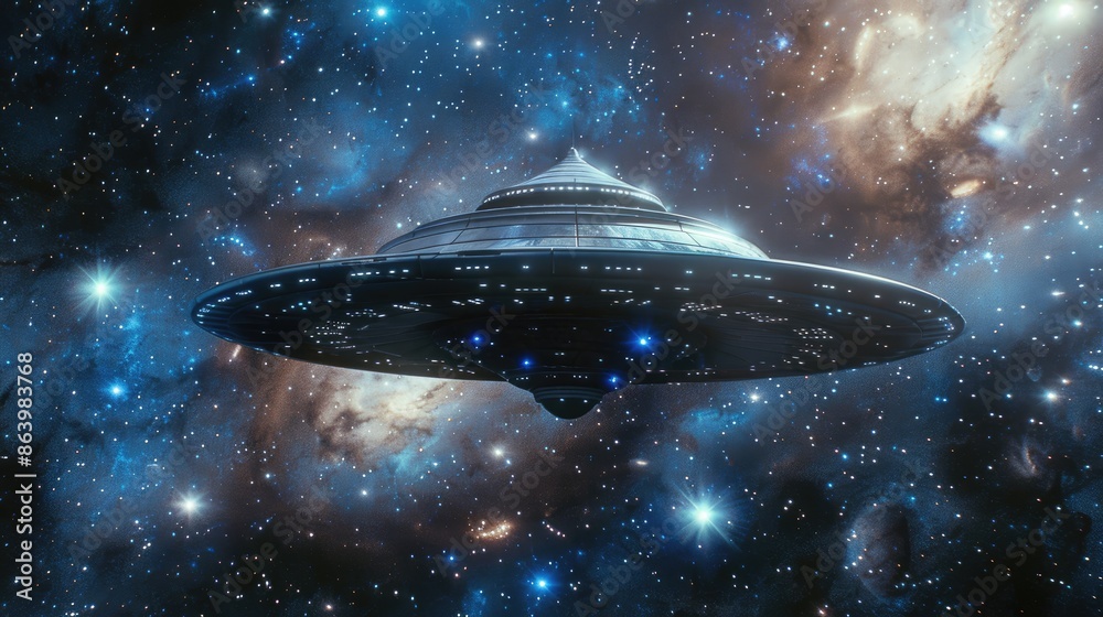 A flying saucer in the vastness of space. Science fiction. UFOs. A flying saucer in the vastness of space. Science fiction. UFOs.