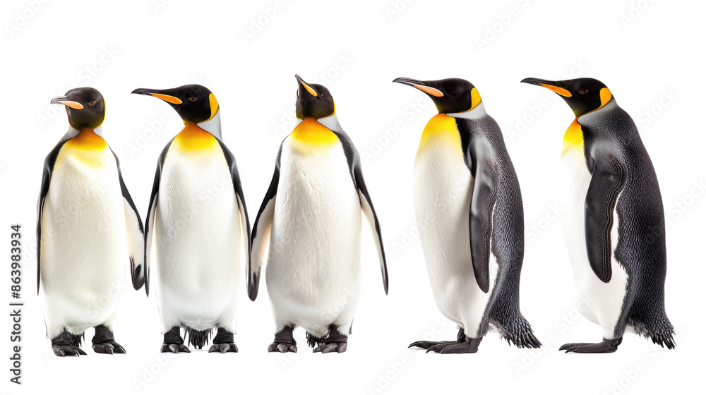 Obraz premium A group of five penguins standing in a line, showcasing their black and white feathers with yellow accents in isolated on transparent background