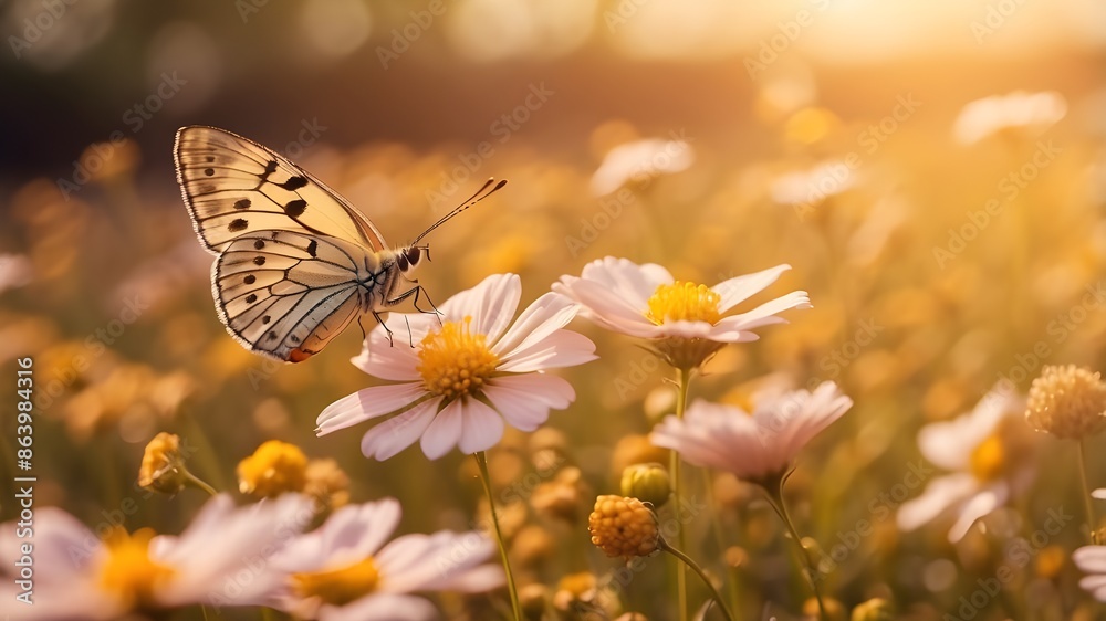 Lovely flower field with butter fly macro taken during golden hour displayed as a broad banner with copyspace - Lovely flower field with butter fly macro taken during golden hour displayed as a broad banner with copyspace -