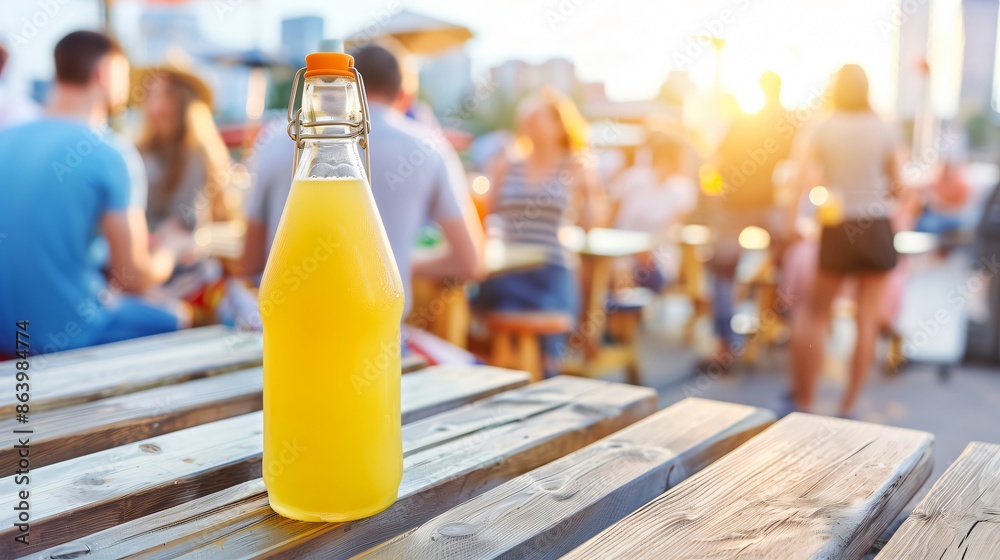 Bottle of cold lemonade is standing on a wooden table at a rooftop party Bottle of cold lemonade is standing on a wooden table at a rooftop party