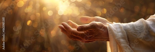A close-up image of Jesus Christs hands reaching out in a gesture of blessing, with a warm golden glow emanating from the background photo