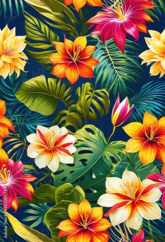 vibrant exotic flowers blossoming lush tropical garden paradise, blooms, colorful, petals, floral, display, blossoms, blooming, foliage, plants, flourishing