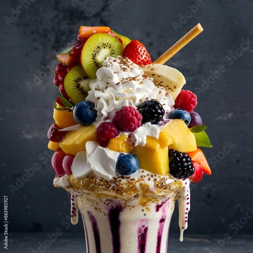 A fruit berry overshake as a luxurious and indulgent treat, milkshake, with its layers of fresh fruits and berries, creamy whipped topping, and natural sweets. photo