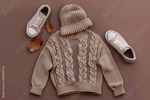 top view of autumn outfit sweater and shoes