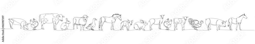 set of livestock, horse, chicken, pig, turkey, rabbit, cow, sheep one line art. Continuous line drawing of farm, nature, agriculture, farm animals, rural life, ranch. set of livestock, horse, chicken, pig, turkey, rabbit, cow, sheep one line art. Continuous line drawing of farm, nature, agriculture, farm animals, rural life, ranch.