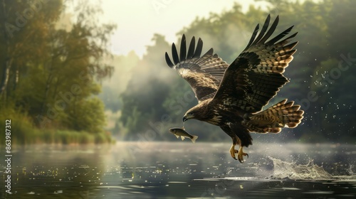 Majestic eagle catching fish over serene lake surrounded by lush forest, showcasing nature's beauty and wildlife interaction. photo