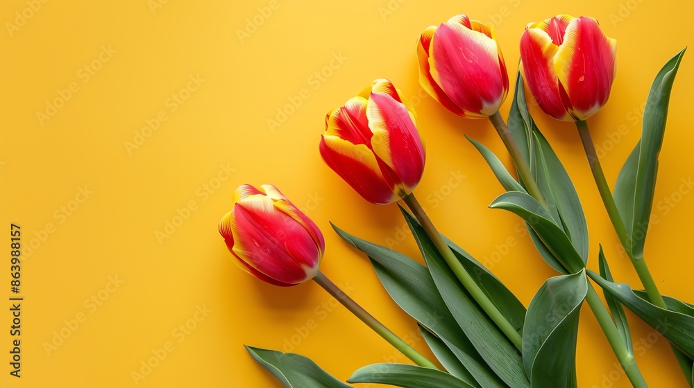 Four red and yellow tulips on a yellow background. Four red and yellow tulips on a yellow background.