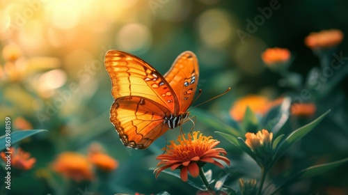 Orange butterflies flying in the garden. spreading wings butterfly on a leaf