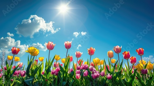 Vibrant tulip field under a clear blue sky, springtime concepts