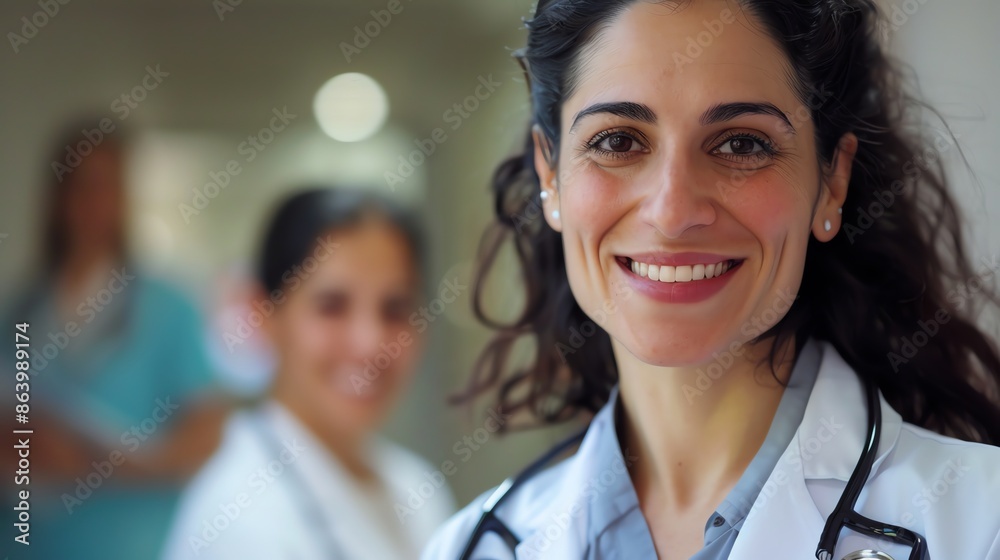A smiling female doctor wearing a white coat with a stethoscope. A smiling female doctor wearing a white coat with a stethoscope.