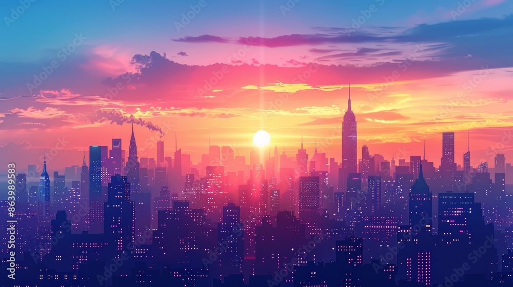 A vibrant sunrise over a city skyline, with pink and purple hues illuminating the buildings. A vibrant sunrise over a city skyline, with pink and purple hues illuminating the buildings.