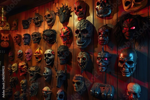 A wall displaying various Halloween masks, each with unique and frightening designs, illuminated by dim, spooky lighting