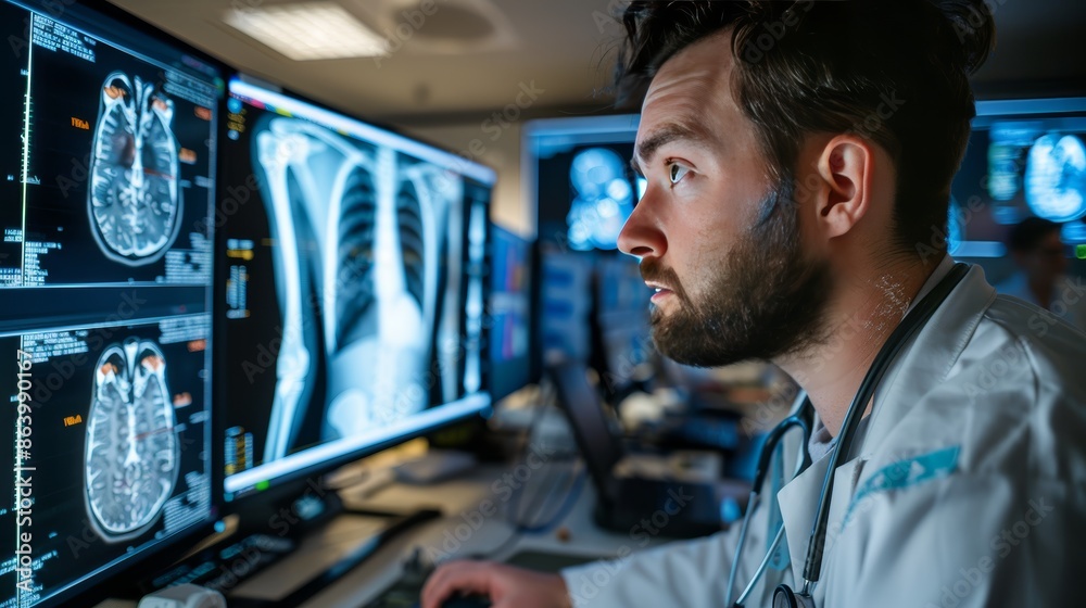 A doctor examines medical scans on computer monitors. He is focused and attentive, with a serious expression on his face. A doctor examines medical scans on computer monitors. He is focused and attentive, with a serious expression on his face.