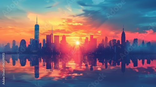 A vibrant cityscape silhouette reflected in a colorful sunset sky. The urban skyline is outlined against a backdrop of dramatic clouds.