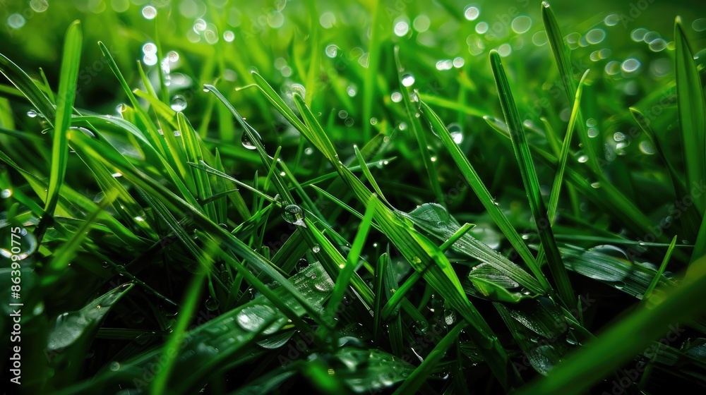 Water droplets on lush green grass